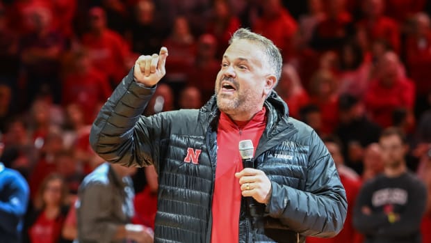Nebraska Cornhuskers head football coach Matt Rhule talks to the crowd during halftime of the game against the Purdue Boilermakers in the first half at Pinnacle Bank Arena